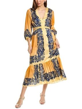 Sandro Yellow Midi Dress with Navy Floral Print